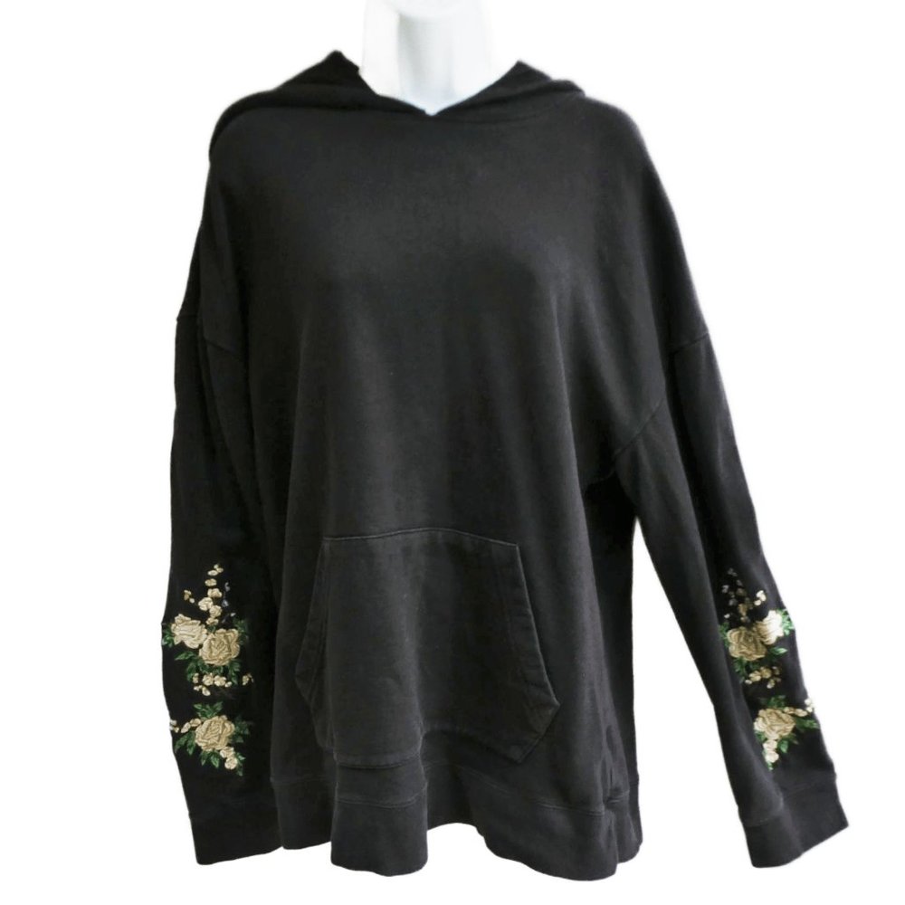 PacSun Black Hoodie Sweatshirt Off White Green Floral Applique Surfer Skater M